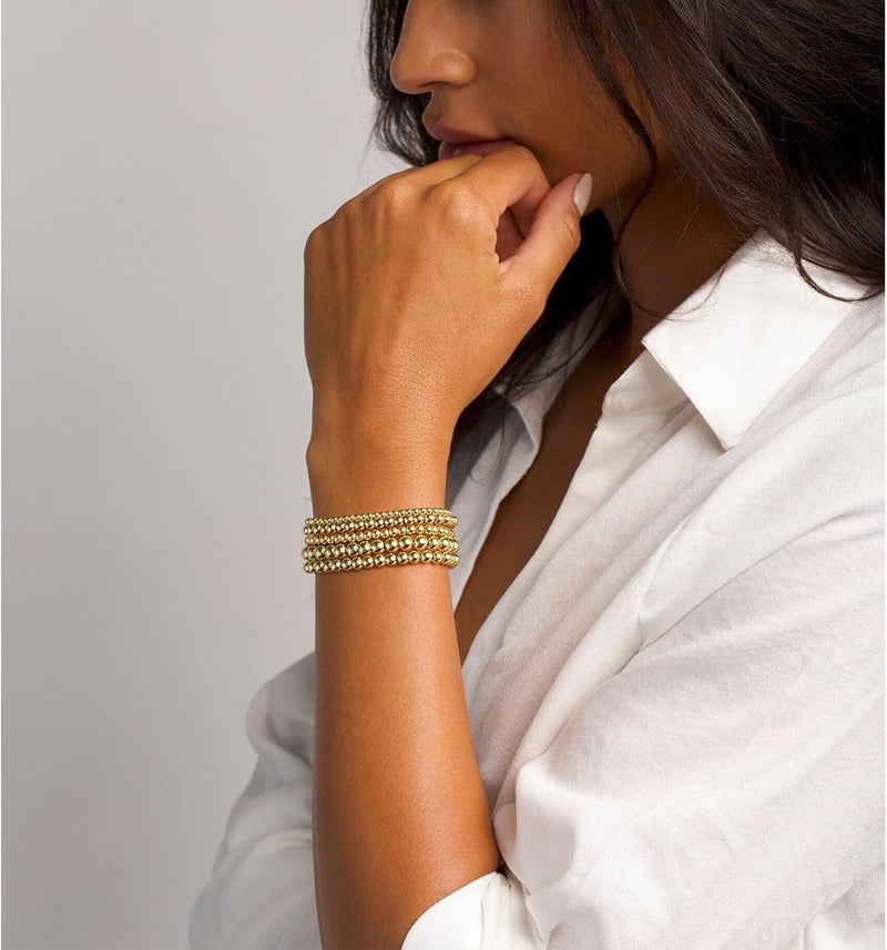17mile Gold Beaded Bracelets for Women, 5 Pcs Dainty 14K Gold Plated Chunky Stretch Bead Ball Bracelet Stack - Image 2